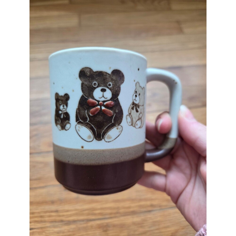 vintage teddy bear speckled coffee mug stoneware